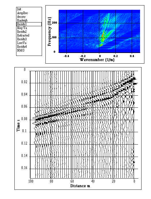 Computation of the first residual section: one can mainly see direct wave, refracted waves and seismic waves with negative apparent velocities Step 5/12
